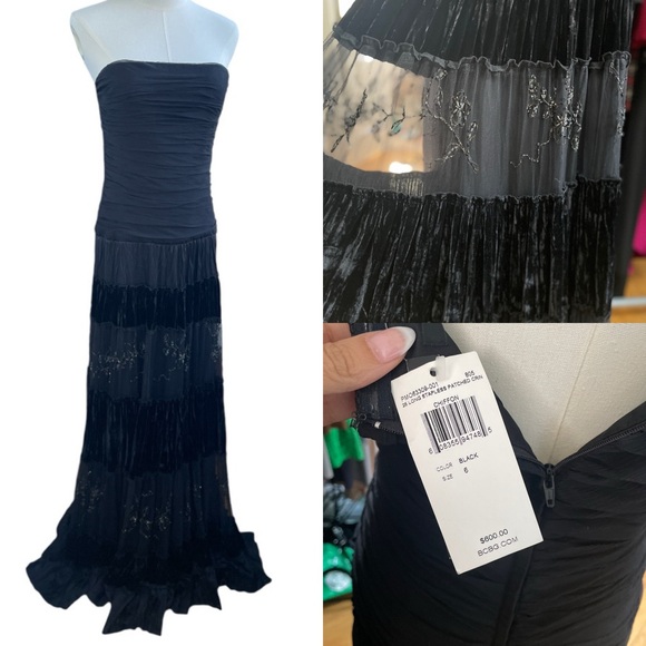 NWT BCBGMaxazria Strapless 100% Silk Crushed Velvet Beaded Dress MSRP $600 - Picture 1 of 8